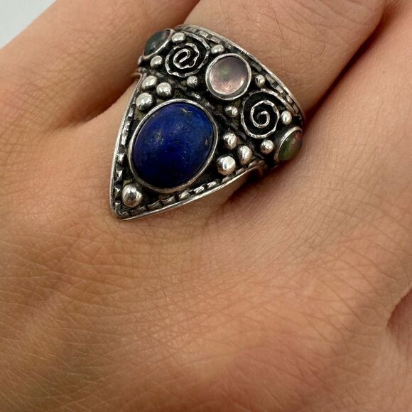 Vintage Sterling Silver 925 Moonstone & Lapis Unusual Intricate Ring Size 5.5 - Picture 11 of 14